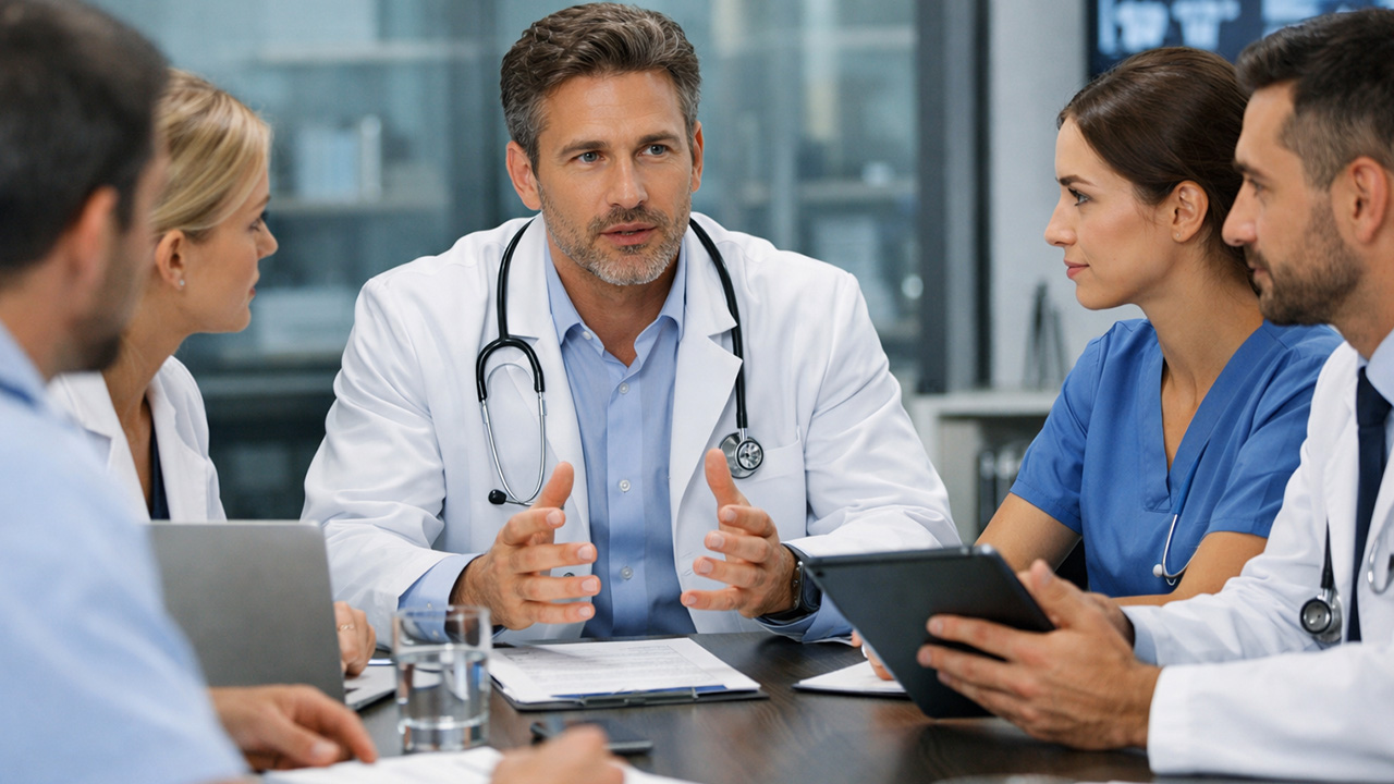 Equipo médico y de dirección revisando la operación de una clínica